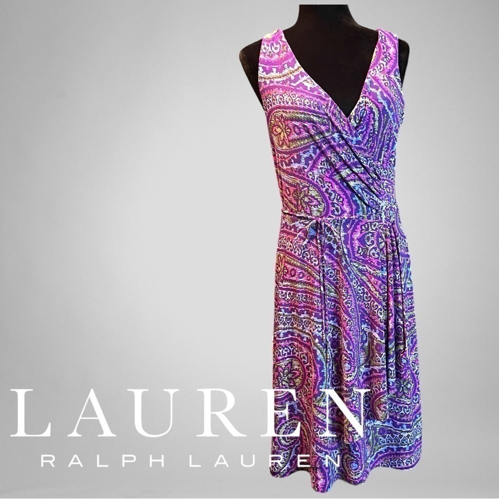 LAUREN RALPH LAUREN Womens Purple Faux Wrap Stretch Jersey V Neck Dress Sz S